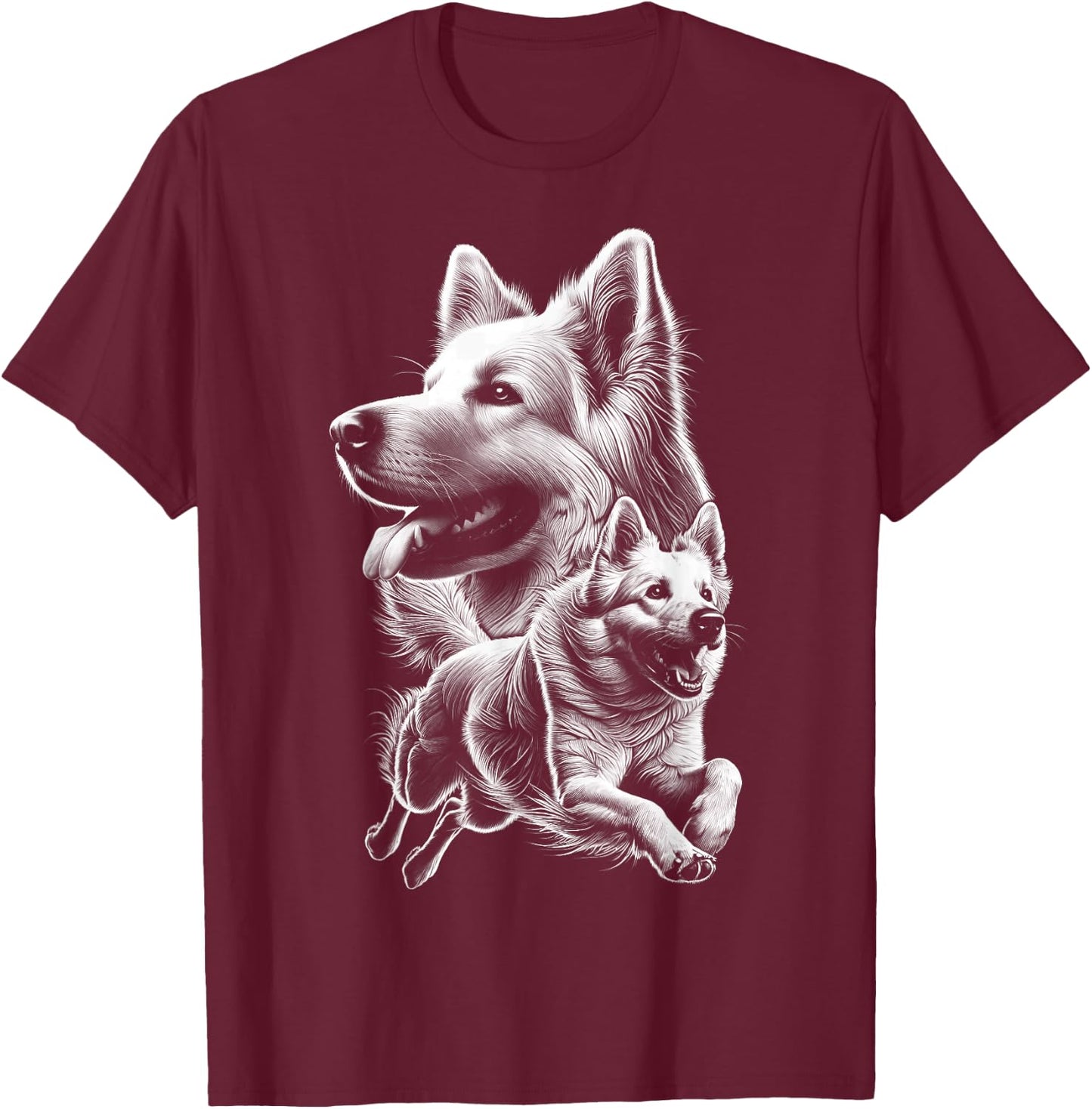 Cheerful White Shepherd Dog Fine Drawn Picture , black T-Shirt - T-Shirt | Maroon