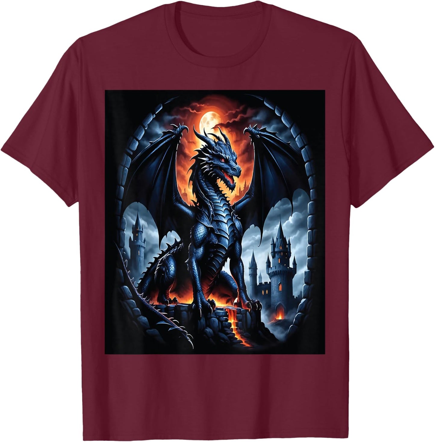 Drache Vollmond Schloss Feuer Fantasy Kunst T-Shirt - T-Shirt | Maroon