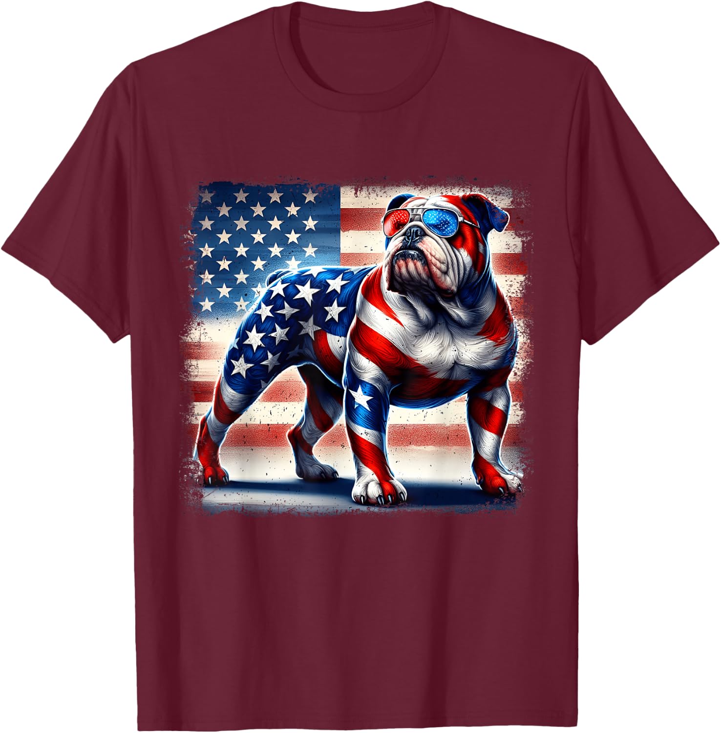 English Bulldog Dog 4th of July USA American Flag Patriotic Women Kids T-Shirt - T-Shirt | Maroon