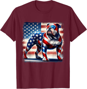 English Bulldog Dog 4th of July USA American Flag Patriotic Women Kids T-Shirt - T-Shirt | Maroon