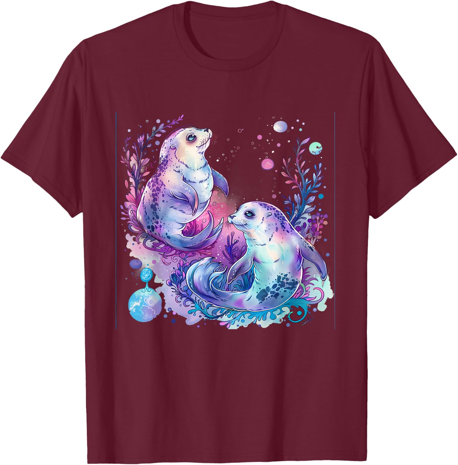 Seal Ocean Sea Seal Marine Mammal Artwork Sea Ocean Animal T-Shirt - T-Shirt | Maroon