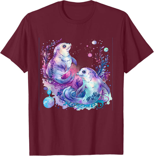 Seal Ocean Sea Seal Marine Mammal Artwork Sea Ocean Animal T-Shirt - T-Shirt | Maroon