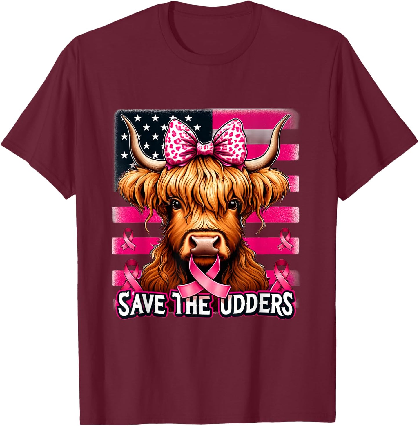 Retro Save The Udders Messy Hair Highland Cow Breast Cancer T-Shirt - T-Shirt | Maroon