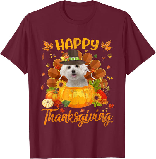 Happy Thanksgiving Maltese Dog Turkey Pumpkin T-Shirt - T-Shirt | Maroon