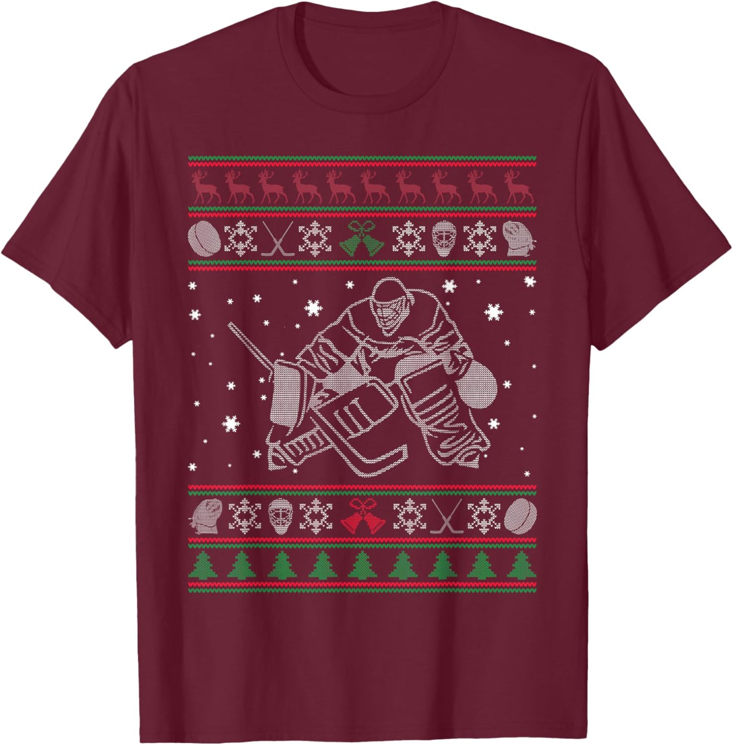Men Women Hockey Goalie Ugly Christmas Sweater, Gift T-Shirt - T-Shirt | Maroon