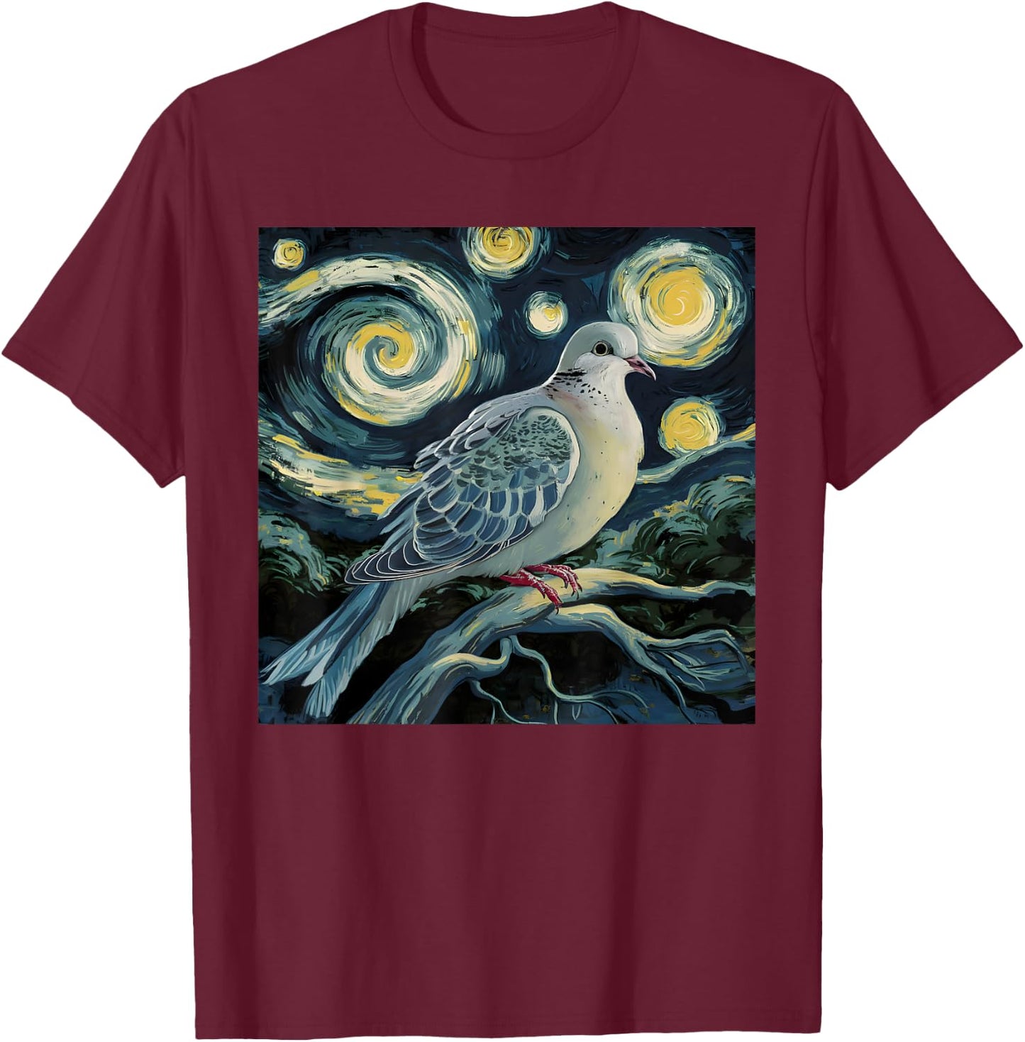 Mourning Dove Bird Lover Starry Night Van Gogh Bird Watchers T-Shirt - T-Shirt | Maroon