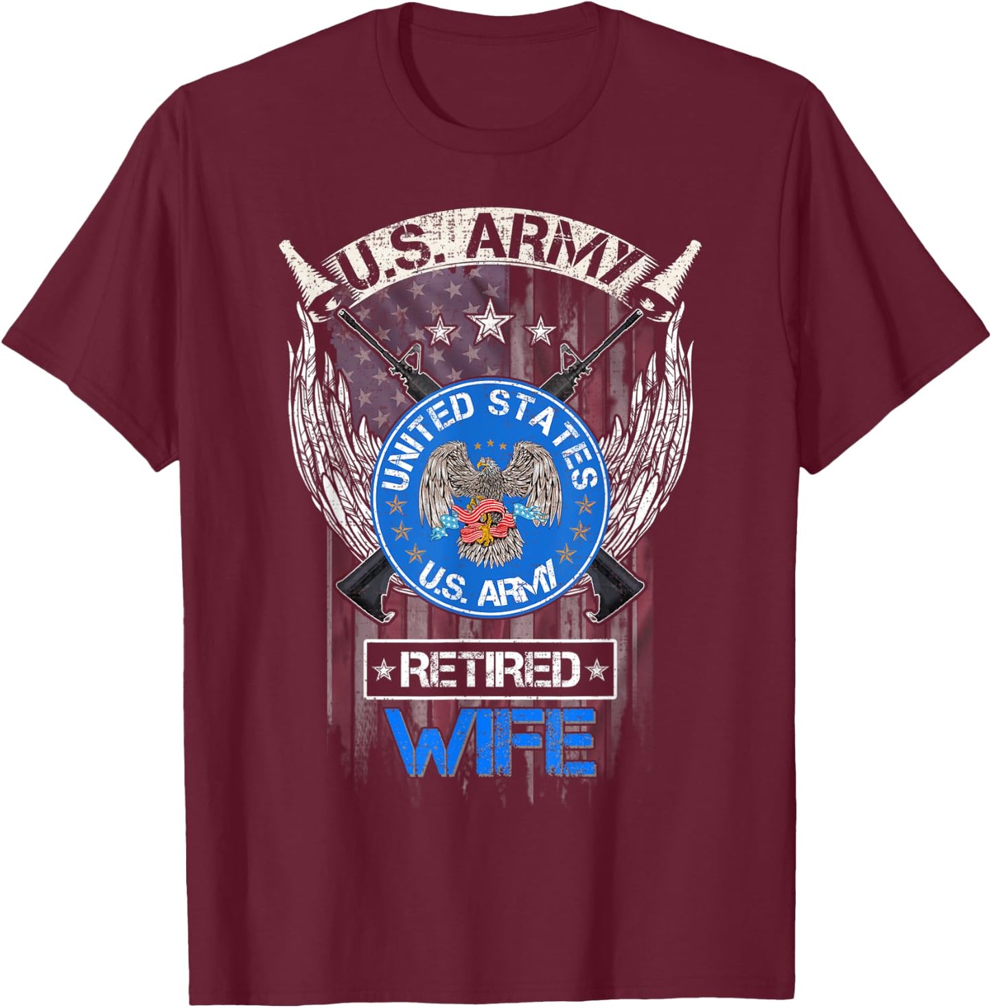 Vintage USA American Flag US Army Proud Retired Wife Funny T-Shirt - T-Shirt | Maroon