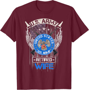 Vintage USA American Flag US Army Proud Retired Wife Funny T-Shirt - T-Shirt | Maroon