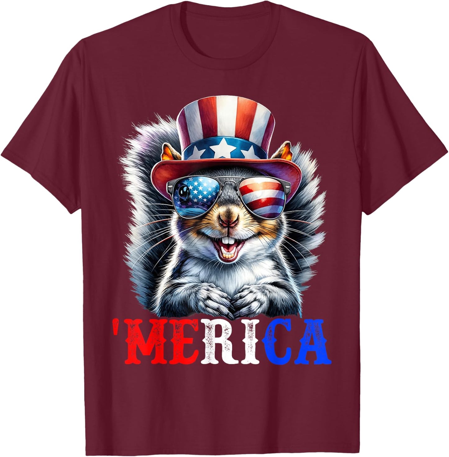 Merica Grey Squirrel Patriotic 4th of July Funny Men Women T-Shirt - T-Shirt | Maroon