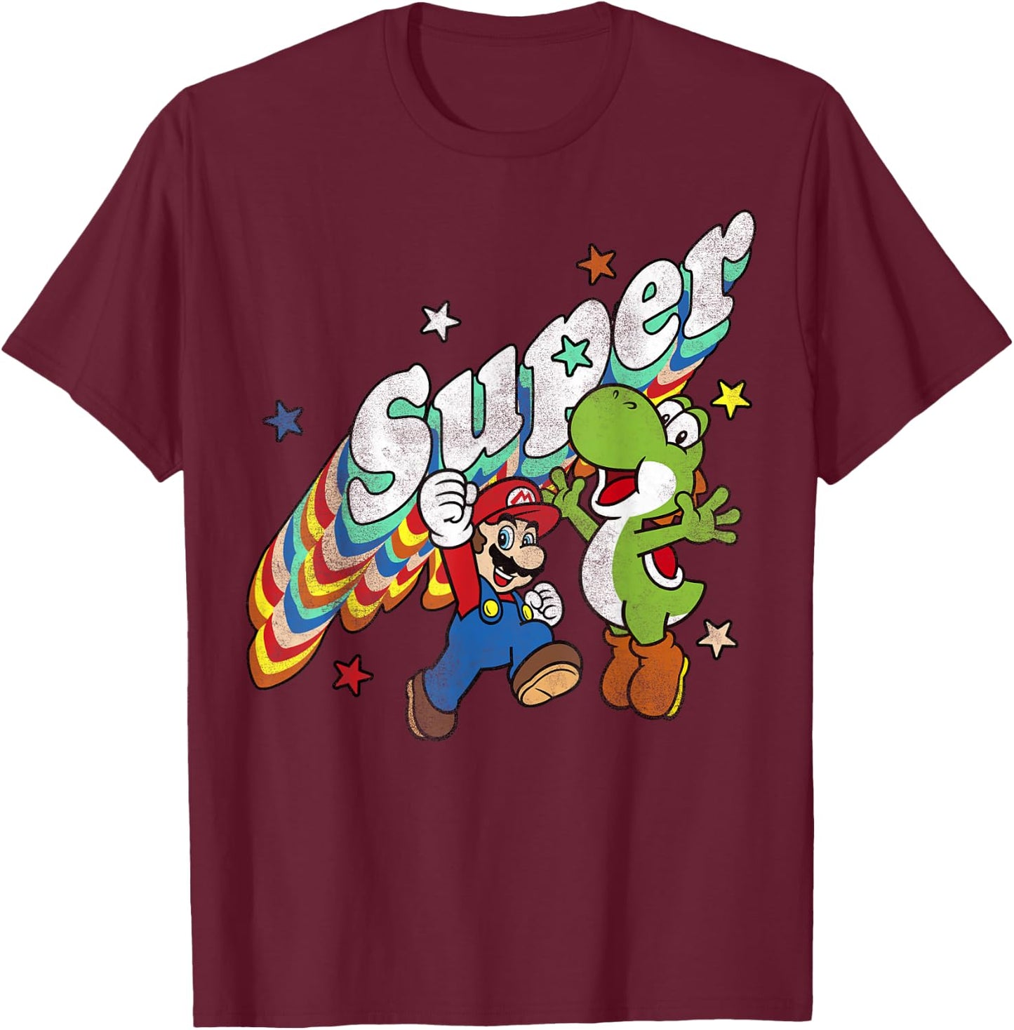 Super Mario Yoshi Mario Rainbow 3D Star Graphic T-Shirt - T-Shirt | Maroon