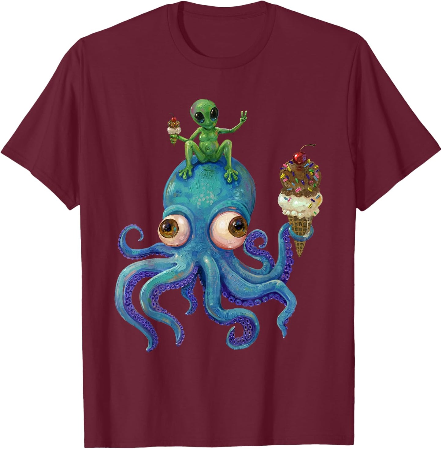 Octopus and Alien Cosmic Ice Cream Party T-Shirt - T-Shirt | Maroon
