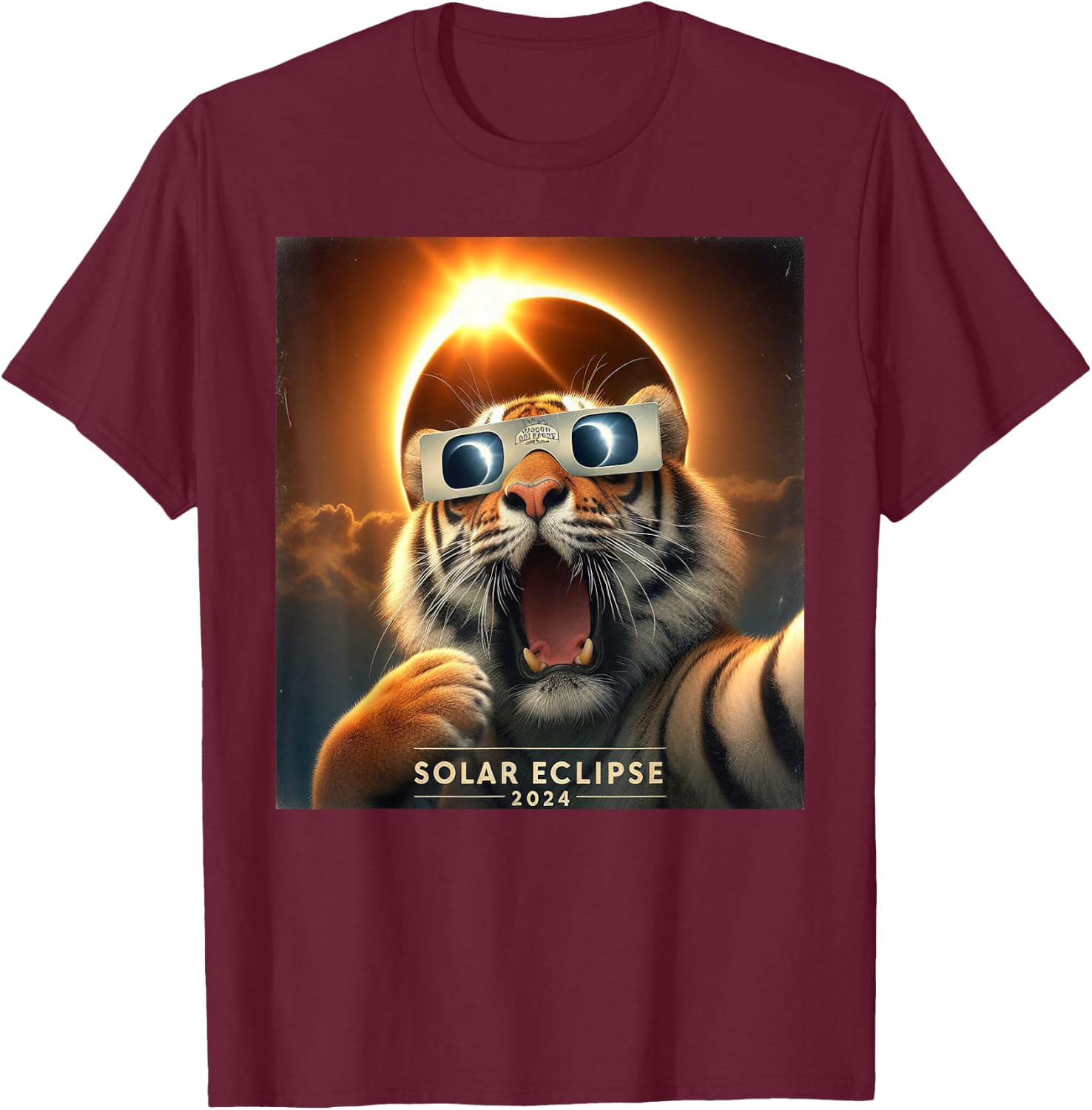 Funny Selfie Tiger Kids Solar Eclipse T-Shirt - T-Shirt | Maroon