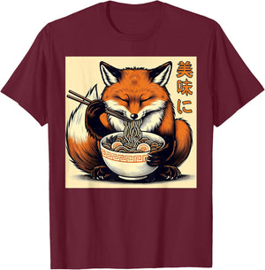 Funny Fox Eating Ramen Japanese Monster Lover Birthday T-Shirt - T-Shirt | Maroon