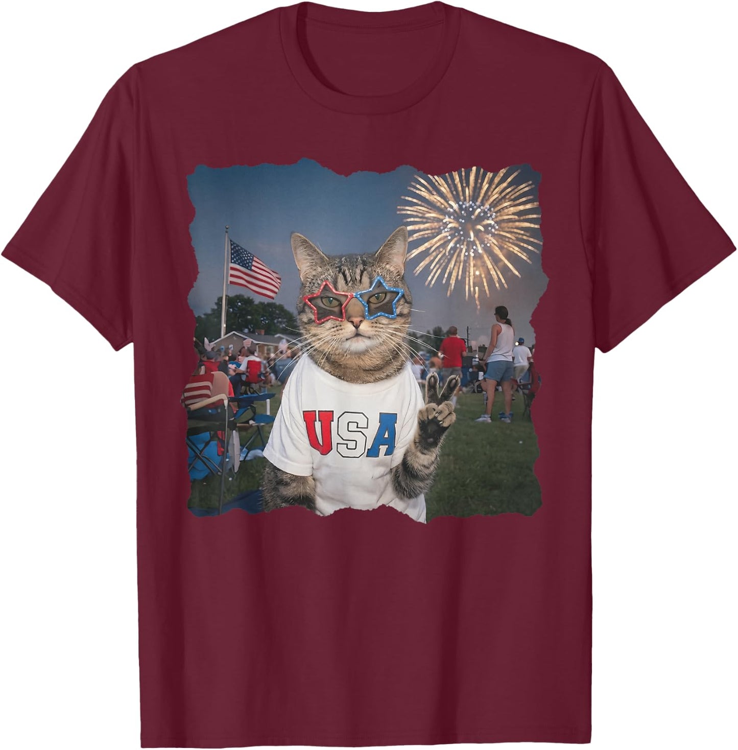 4th of July USA 250 Years Fireworks Funny Patriotic Cat Meme T-Shirt - T-Shirt | Maroon