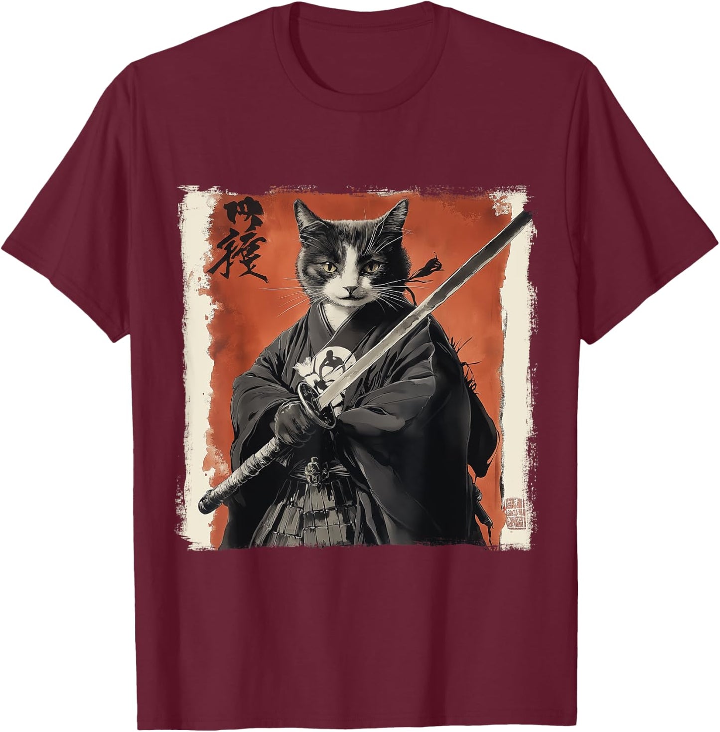Japanese Samurai Cat Ukiyo-e Warrior Art Japan Vintage T-Shirt - T-Shirt | Maroon