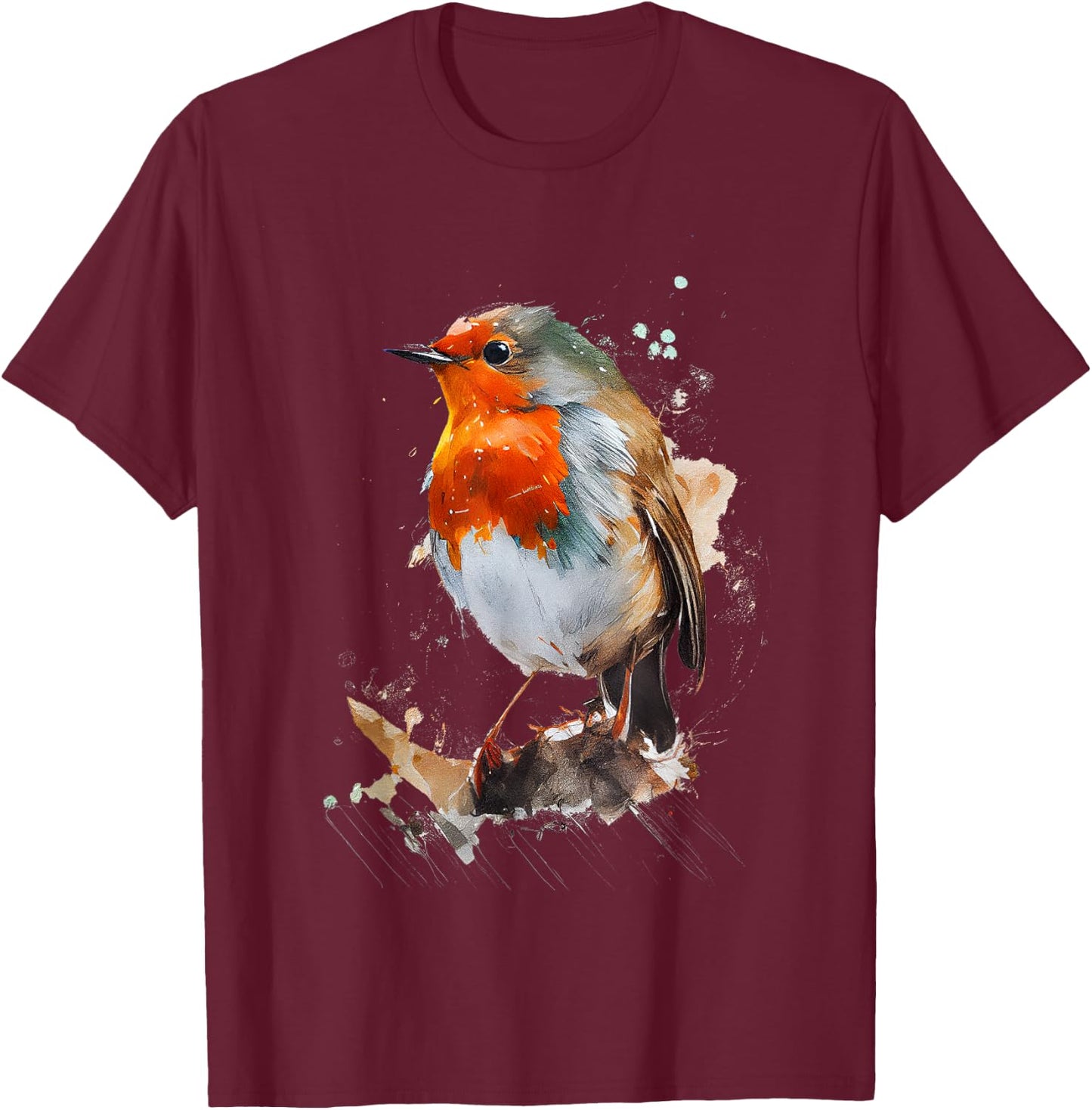 Rotkehlchen buntes Design T-Shirt - T-Shirt | Maroon