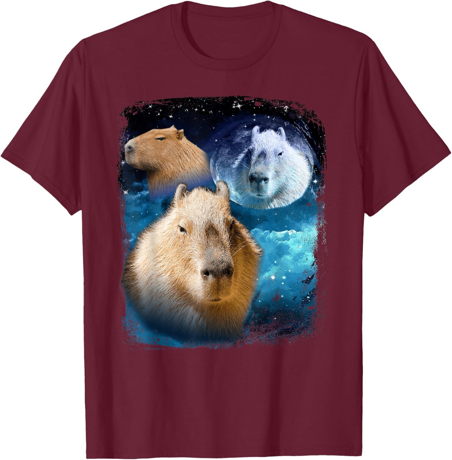 Capybaras howling at the Moon Funny Capybara Meme Vintage T-Shirt - T-Shirt | Maroon