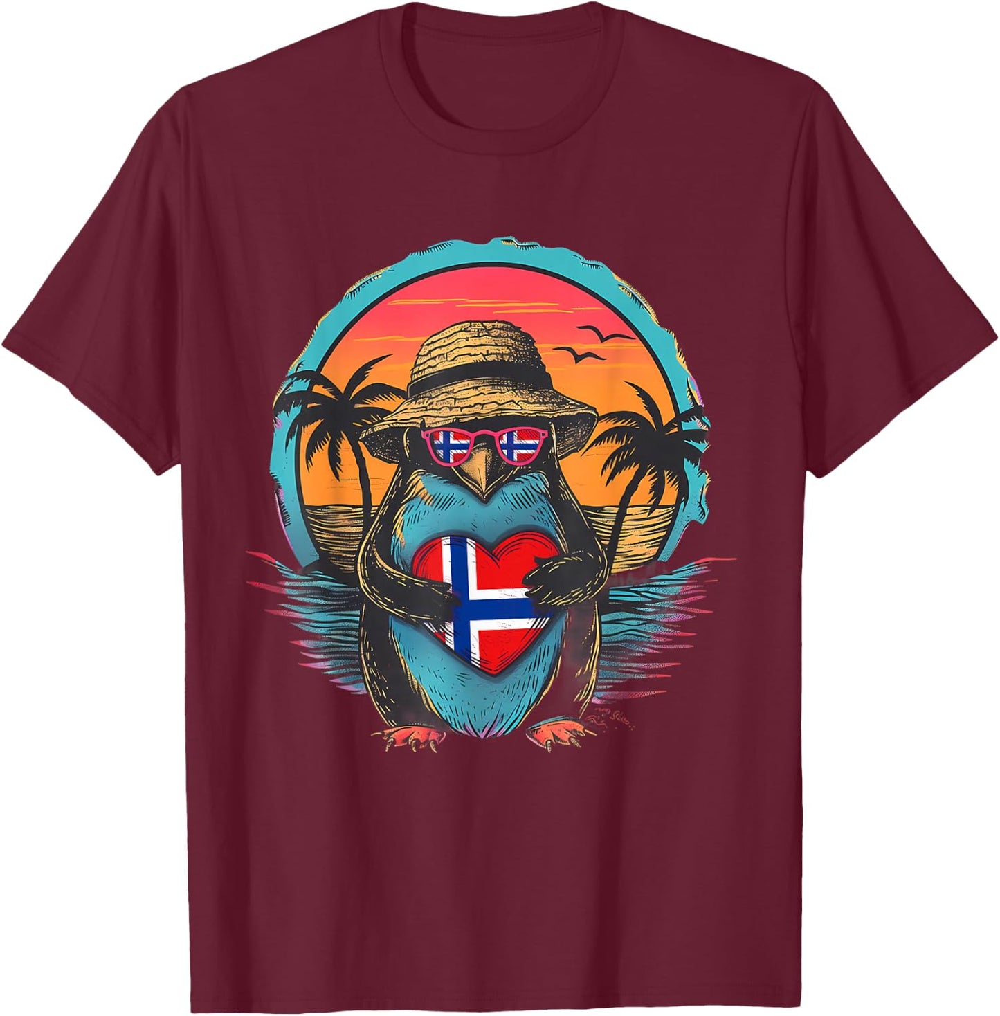 Norway Sunset Penguin Heart Norwegian Pride Norwegian Flag T-Shirt - T-Shirt | Maroon