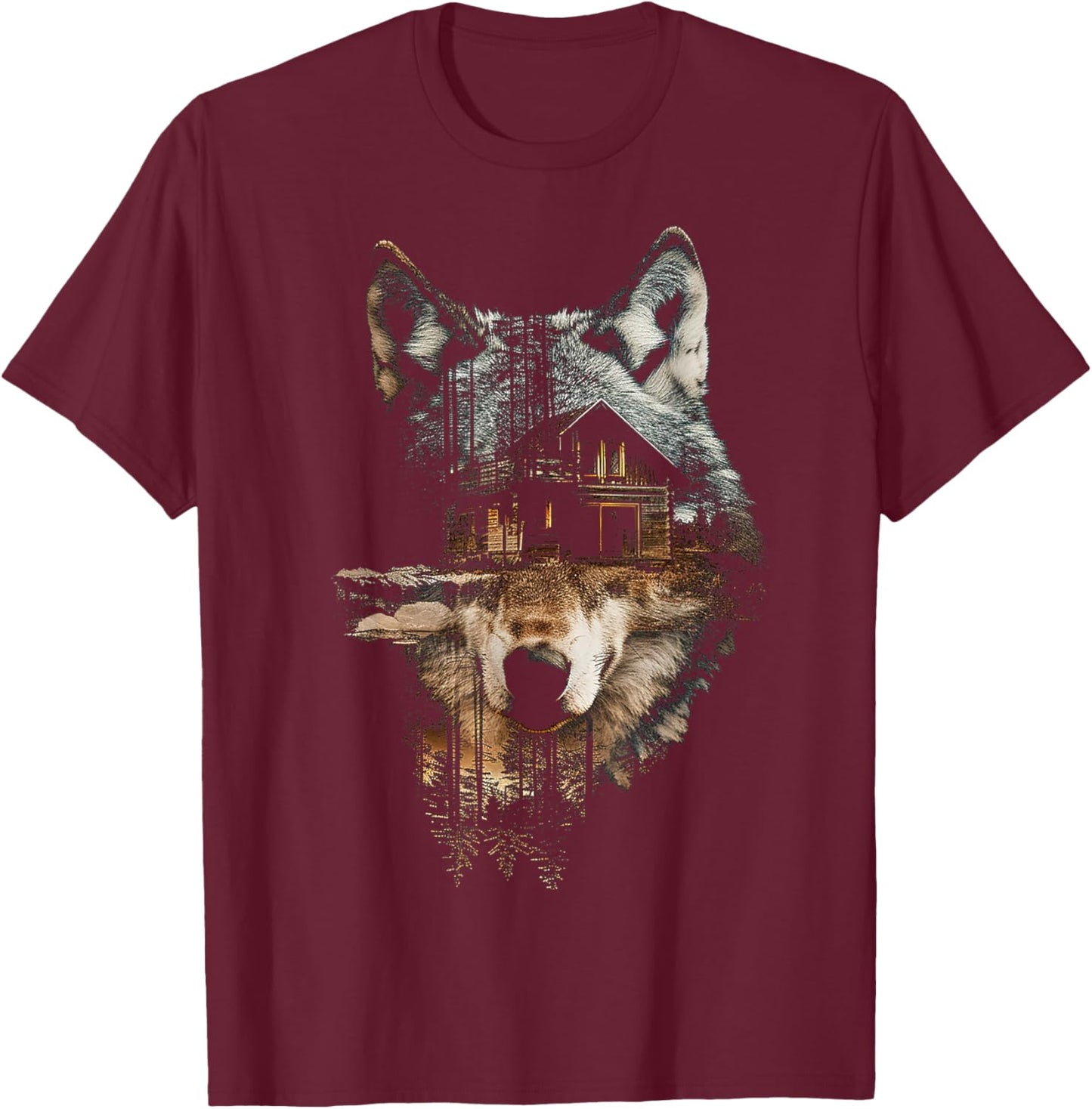 Wolf Nature House Animals Trees Illustration Art Wolf , Black, S T-Shirt - T-Shirt | Maroon