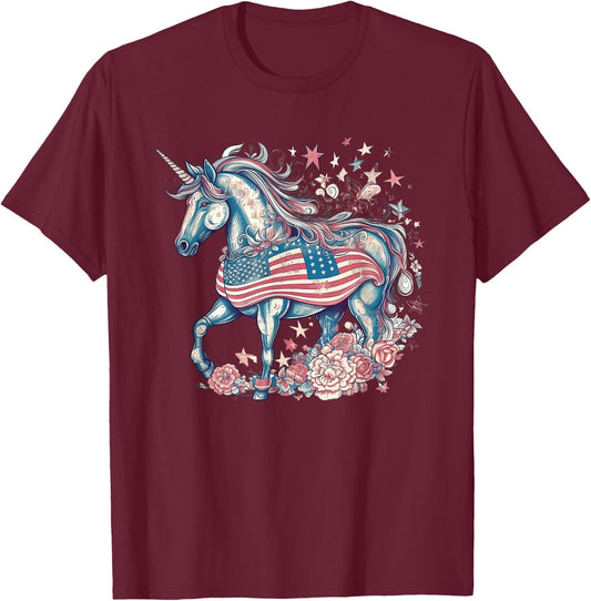 American Unicorn 4th Of July Patriotic USA Flag Girls Women T-Shirt - T-Shirt | Maroon