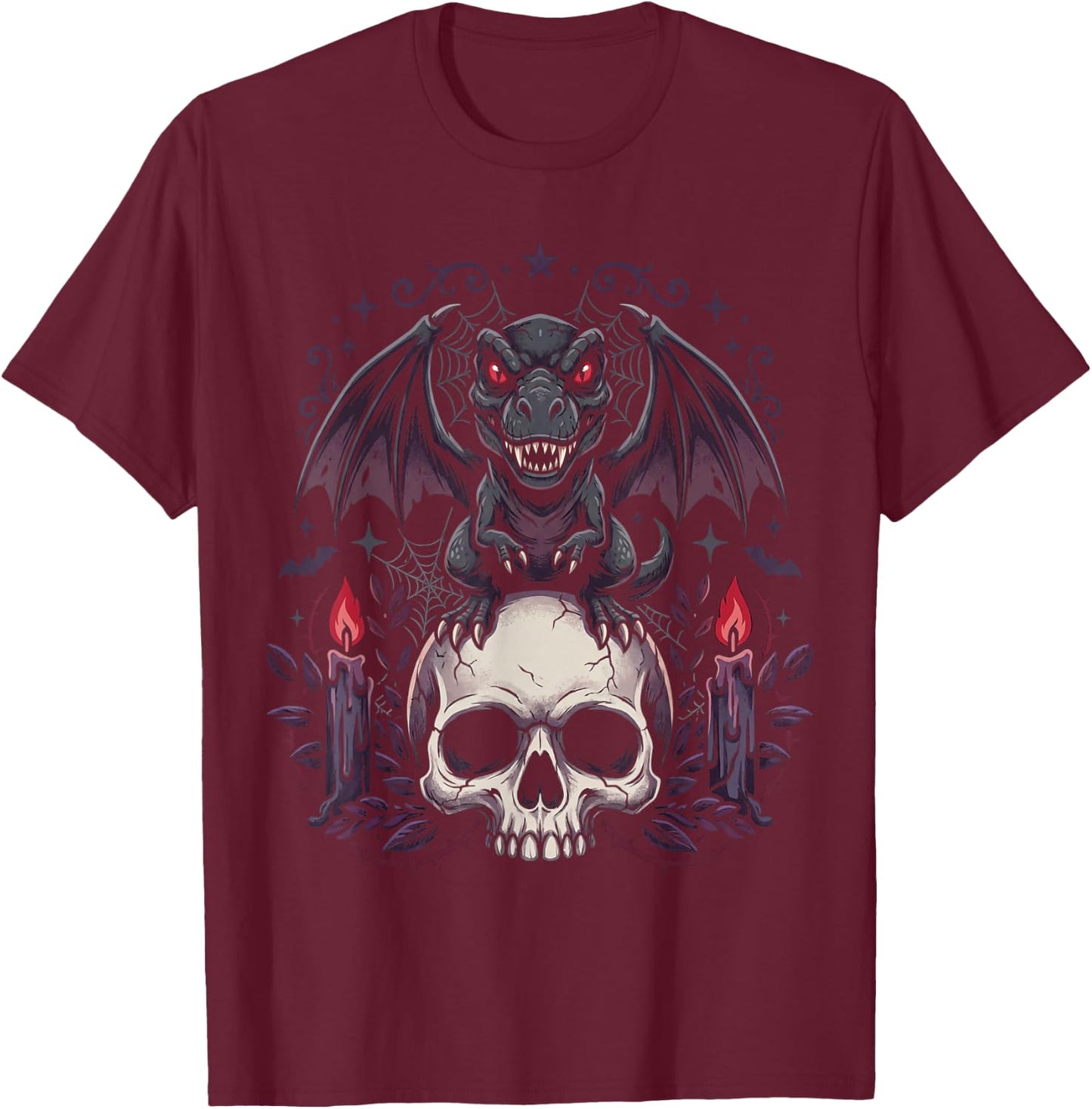 Gothic Dino on Skull Pastel Goth Kawaii Skeleton T-Shirt - T-Shirt | Maroon