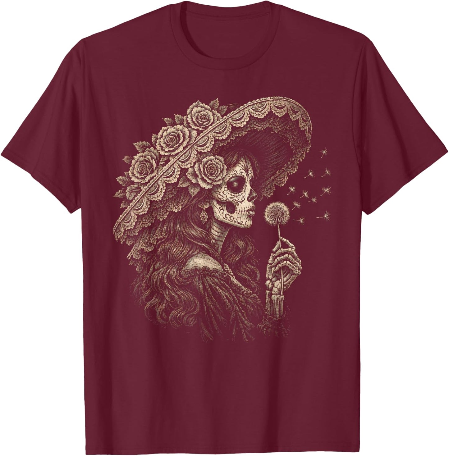Blowing Wishes La Catrina Blowing Dandelion Vintage Art T-Shirt - T-Shirt | Maroon