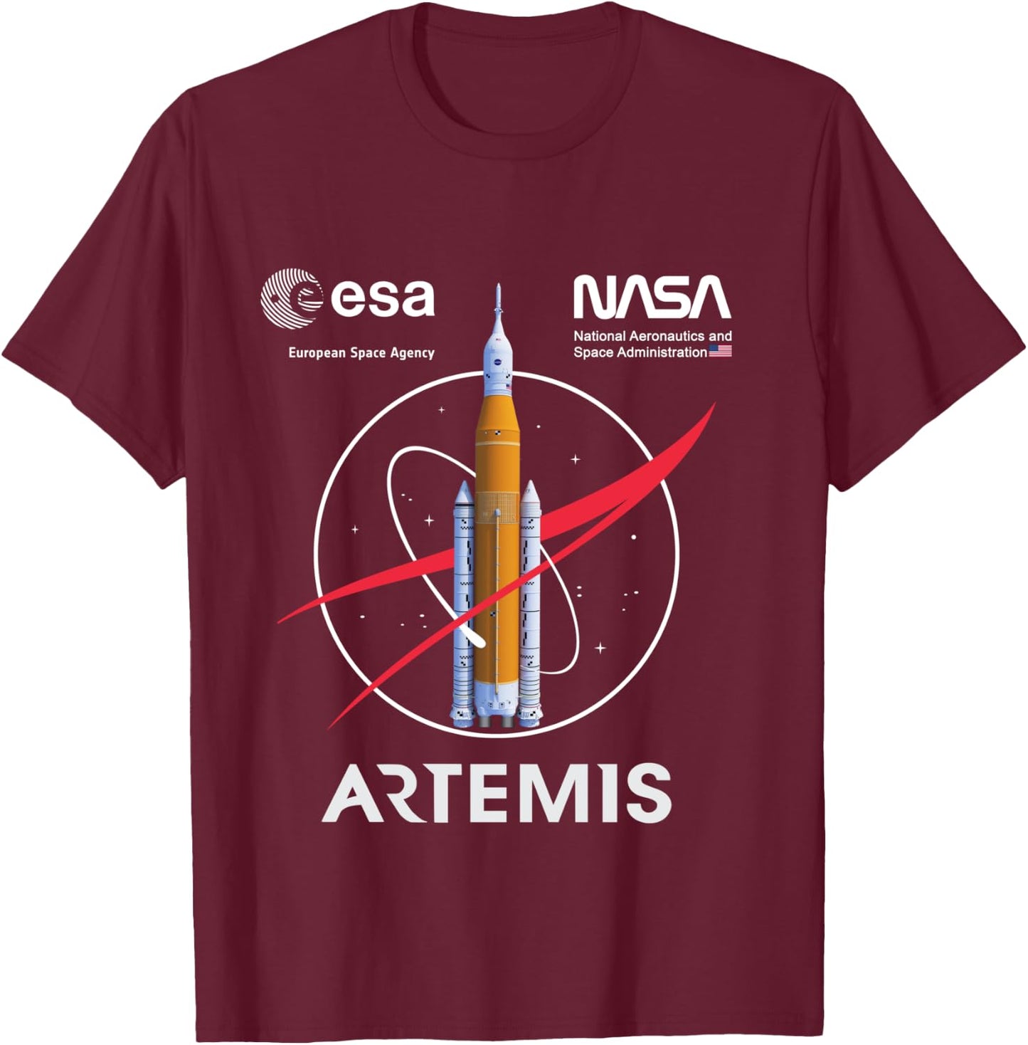 NASA Artemis Mission SLS Worm and ESA Logo Langarmshirt T-Shirt - T-Shirt | Maroon