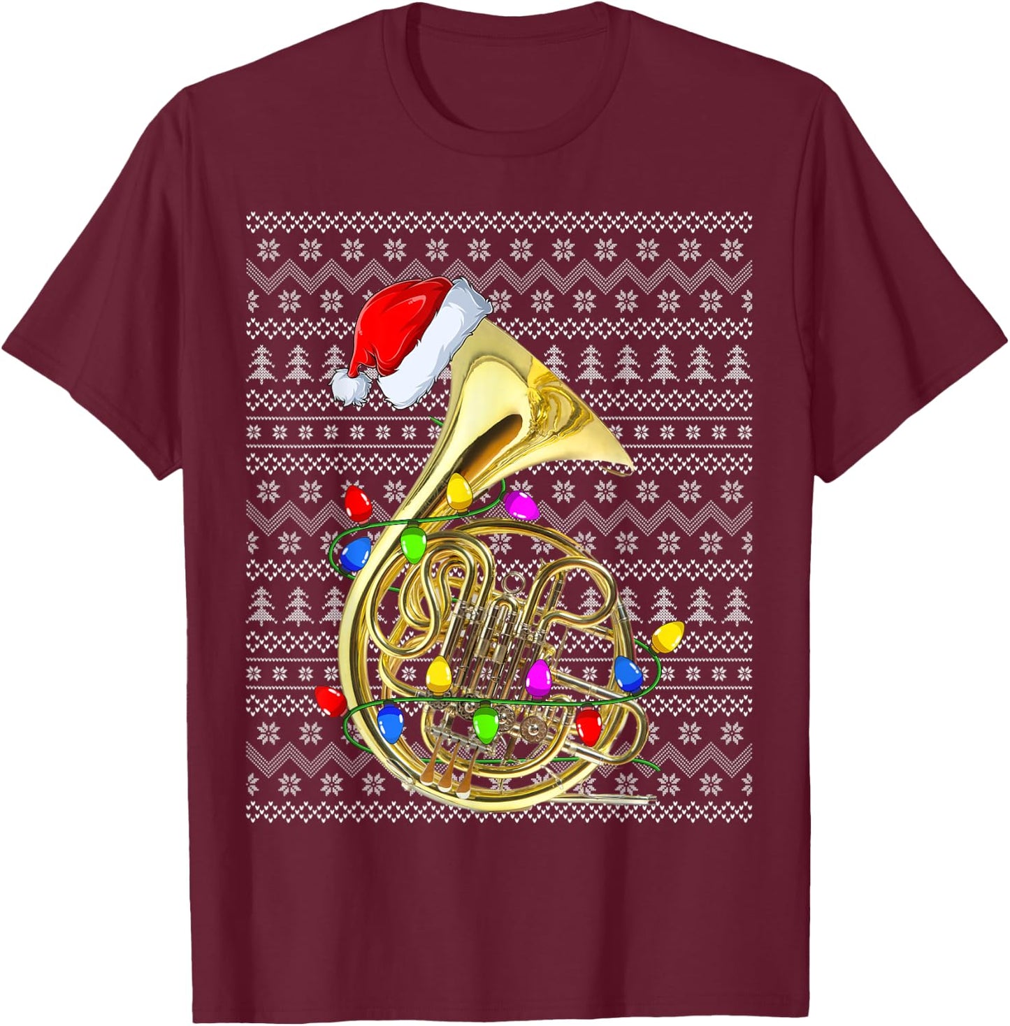 French Horn Lighting Xmas Sweater Ugly French Horn Christmas T-Shirt - T-Shirt | Maroon