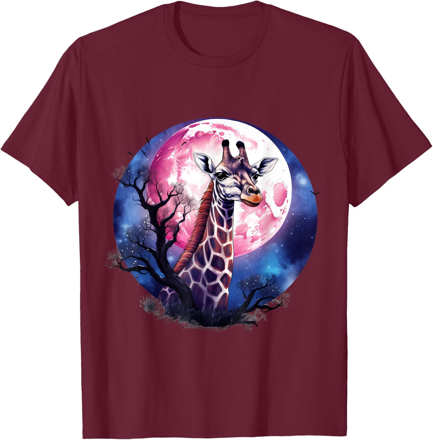 Giraffe Wildlife Safari Tree Moon Animal Art Nature Artwork T-Shirt - T-Shirt | Maroon