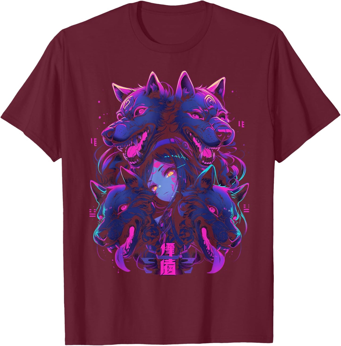 Anime Manga Cyberpunk Aesthetic Techwear Harajuku Wolf , black T-Shirt - T-Shirt | Maroon