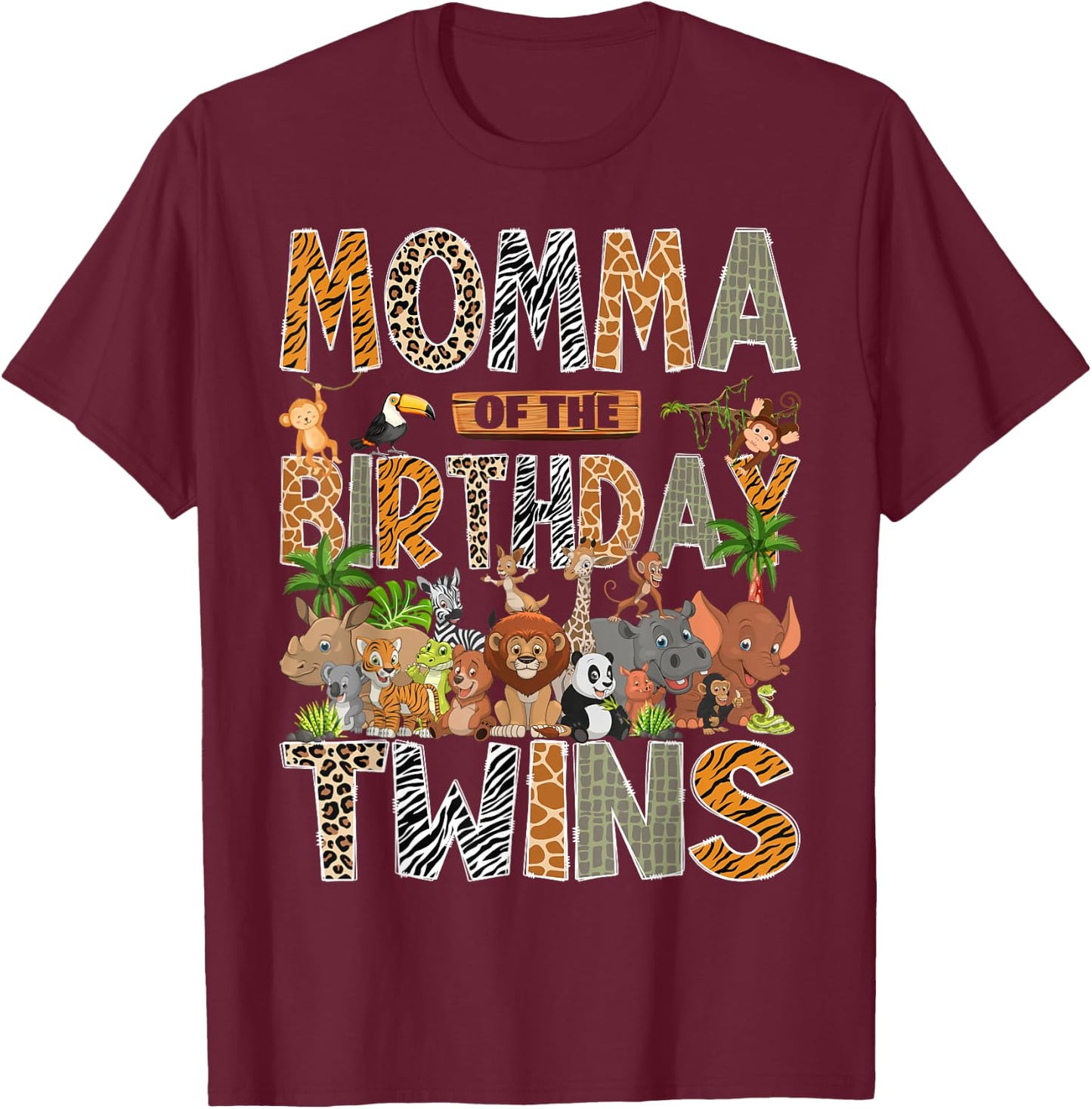 Momma of The Birthday Twins Safari Wild One Zoo Animal T-Shirt - T-Shirt | Maroon