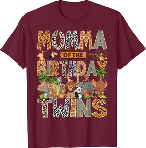 Momma of The Birthday Twins Safari Wild One Zoo Animal T-Shirt - T-Shirt | Maroon
