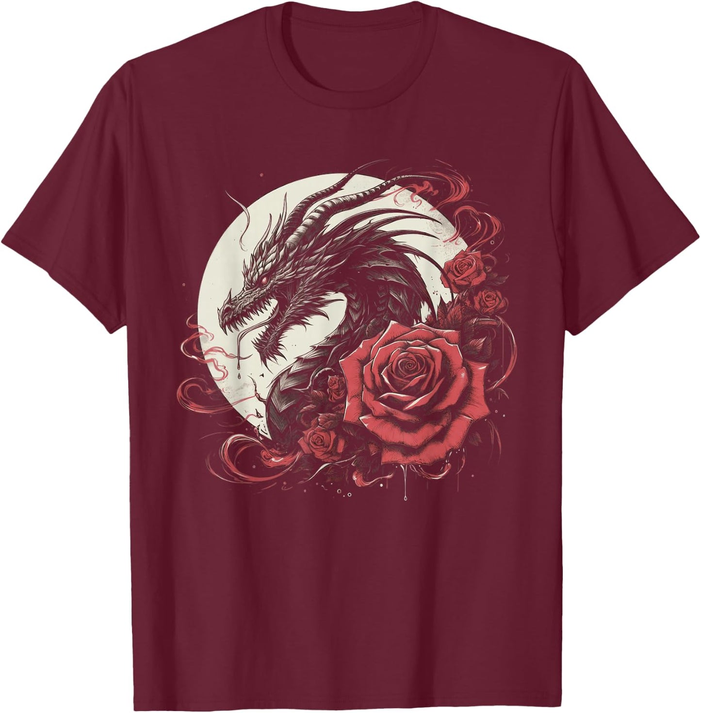 Dragon With Roses And Full Moon Dark Art T-Shirt - T-Shirt | Maroon