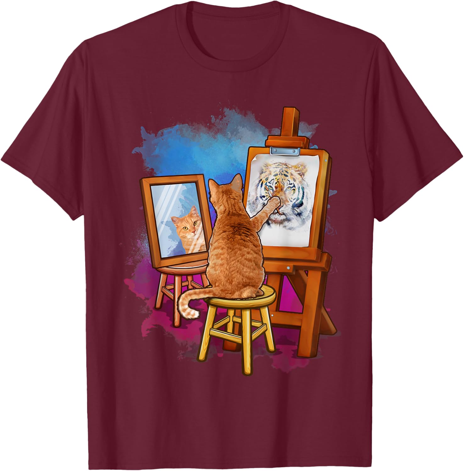 Cat Painting Lion Artistic Animals Lover Graphic Novelty T-Shirt - T-Shirt | Maroon