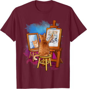 Cat Painting Lion Artistic Animals Lover Graphic Novelty T-Shirt - T-Shirt | Maroon