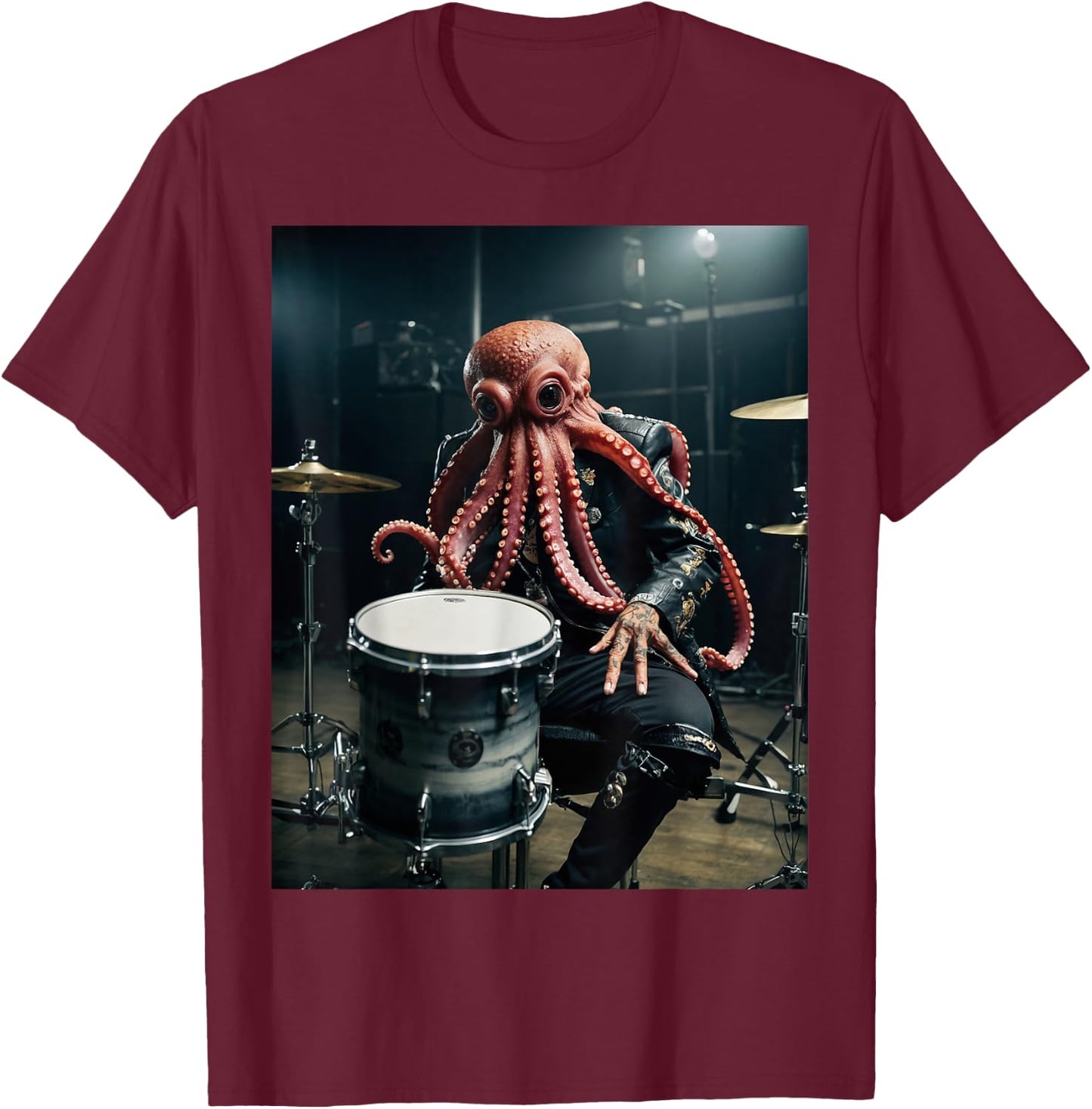 Punk Rock Octopus Head Heavy Metal Drums Leather Jacket Cool T-Shirt - T-Shirt | Maroon
