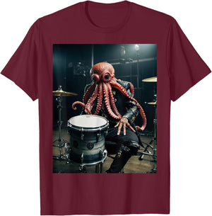 Punk Rock Octopus Head Heavy Metal Drums Leather Jacket Cool T-Shirt - T-Shirt | Maroon