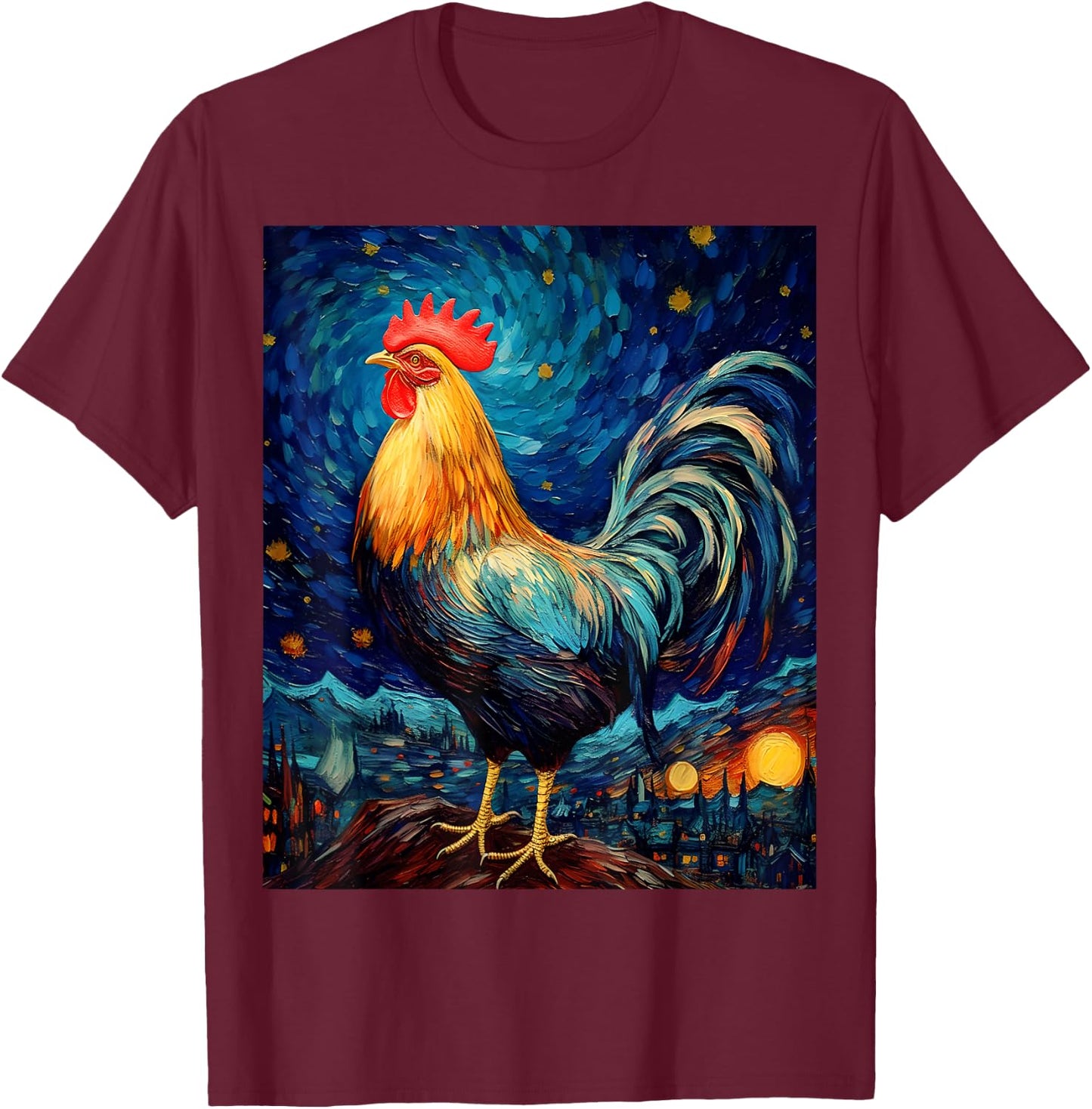 Surreal Starry Night Rooster T-Shirt - T-Shirt | Maroon