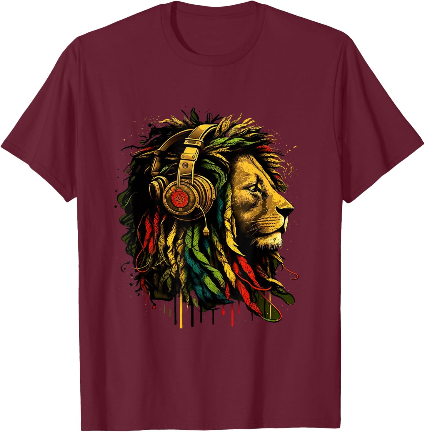 Rasta Reggae Music Headphones Jamaican Pride Lion Of Judah , black T-Shirt - T-Shirt | Maroon