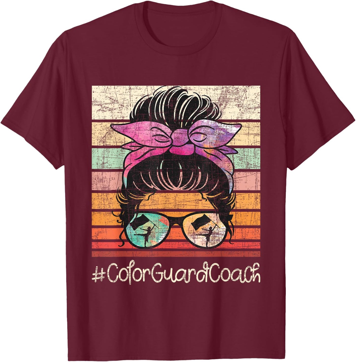 Colorguard Coach - Messy Bun Hair Marching Band Flag Tossing T-Shirt - T-Shirt | Maroon