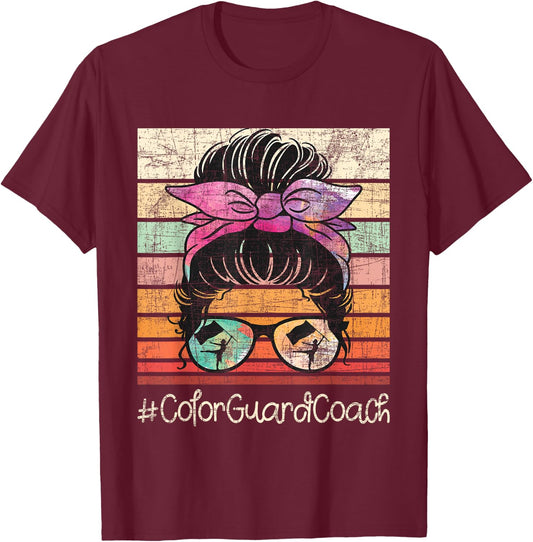 Colorguard Coach - Messy Bun Hair Marching Band Flag Tossing T-Shirt - T-Shirt | Maroon