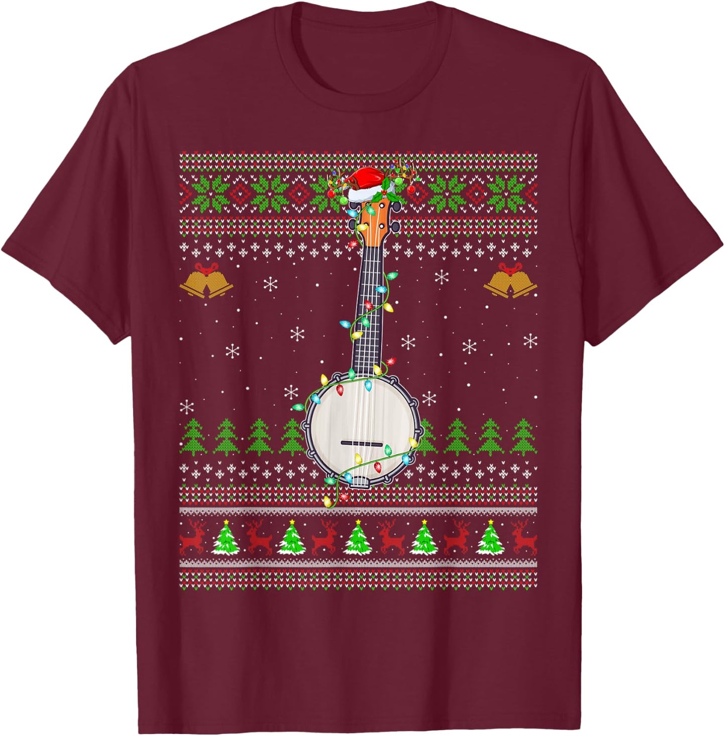 Ugly Banjo Xmas Lighting Santa Banjo Christmas T-Shirt - T-Shirt | Maroon