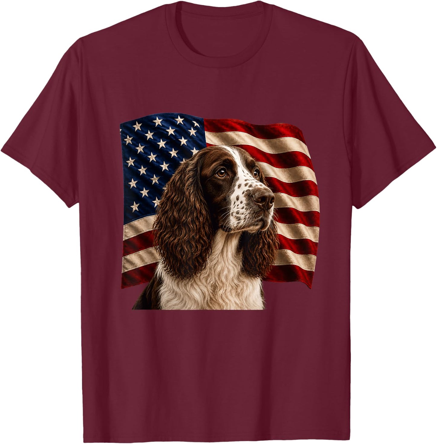 English Springer Spaniel Patriotic 4th July USA Flag Spaniel T-Shirt - T-Shirt | Maroon