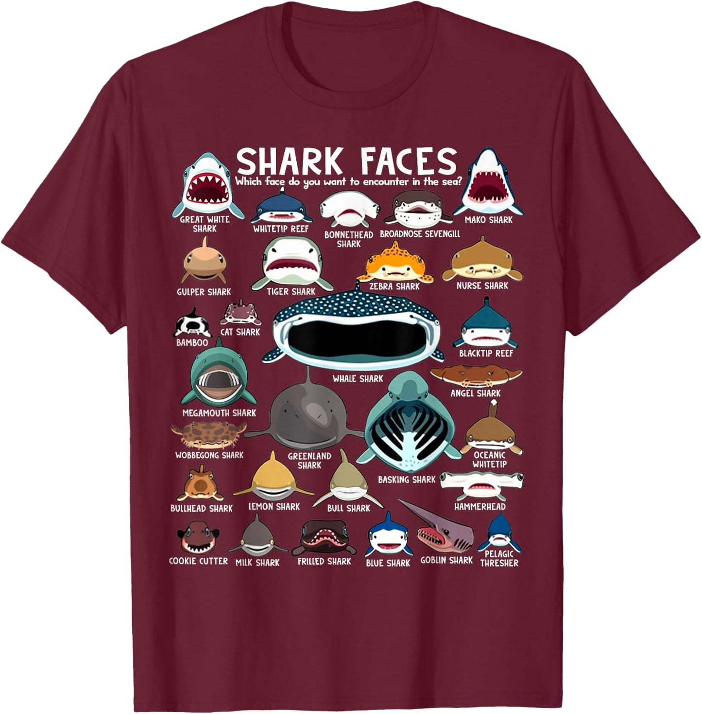 Shark Faces - Types of Shark - Marine Biology Ocean Lovers T-Shirt - T-Shirt | Maroon