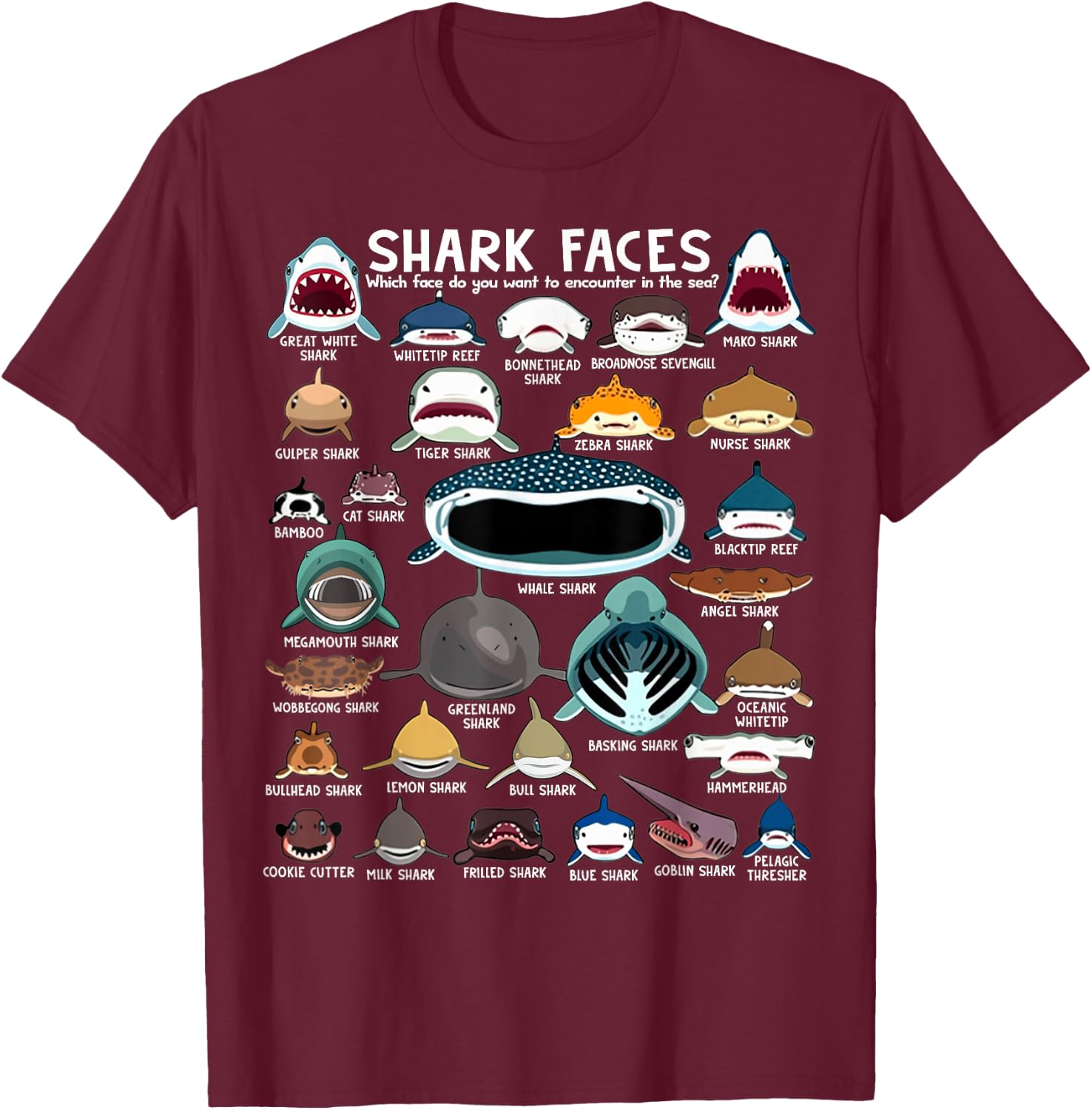 Shark Faces - Types of Shark - Marine Biology Ocean Lovers T-Shirt - T-Shirt | Maroon