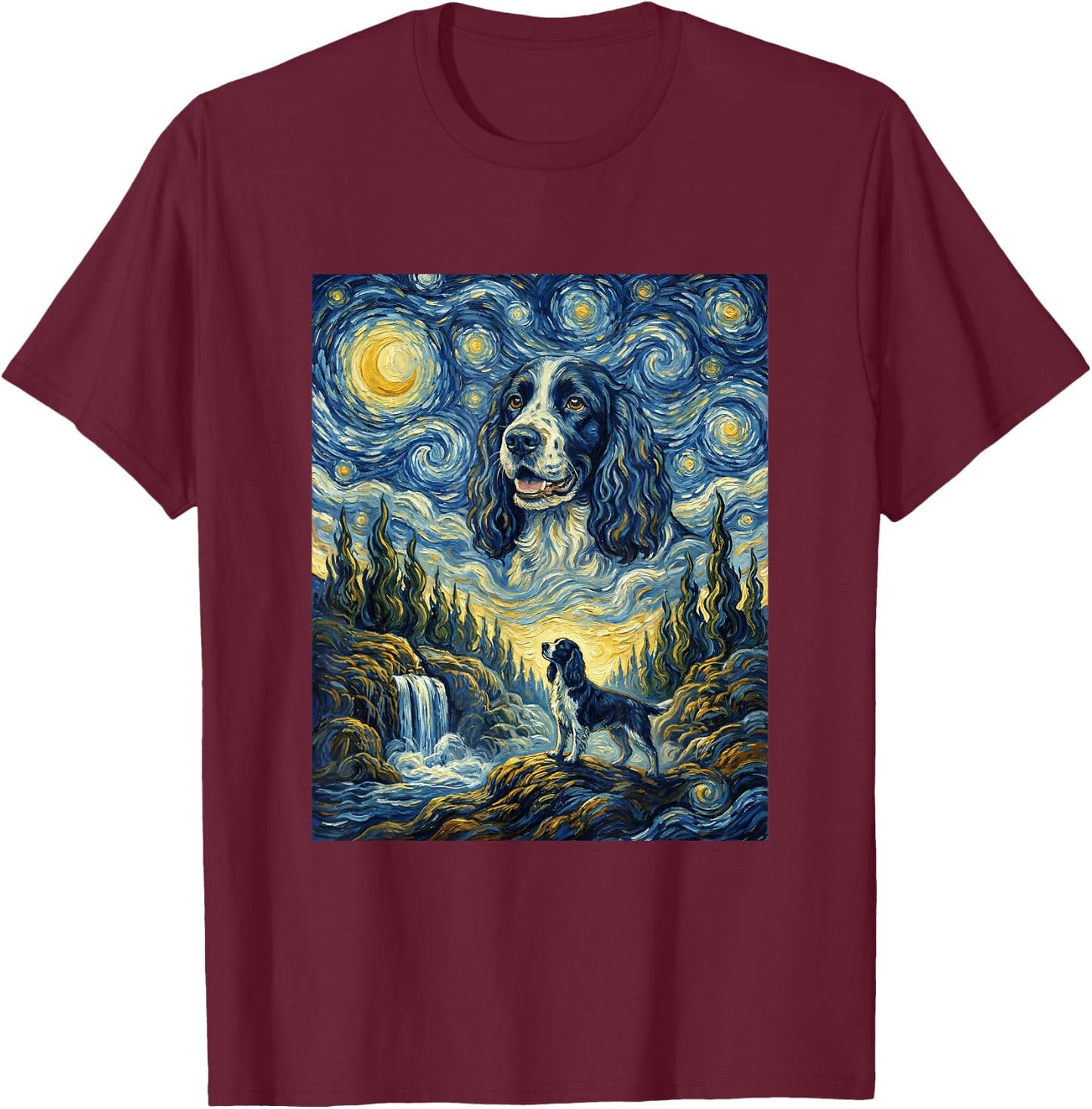 Springer Spaniel Dog Moon Howling Starry Night Van Gogh Art T-Shirt - T-Shirt | Maroon