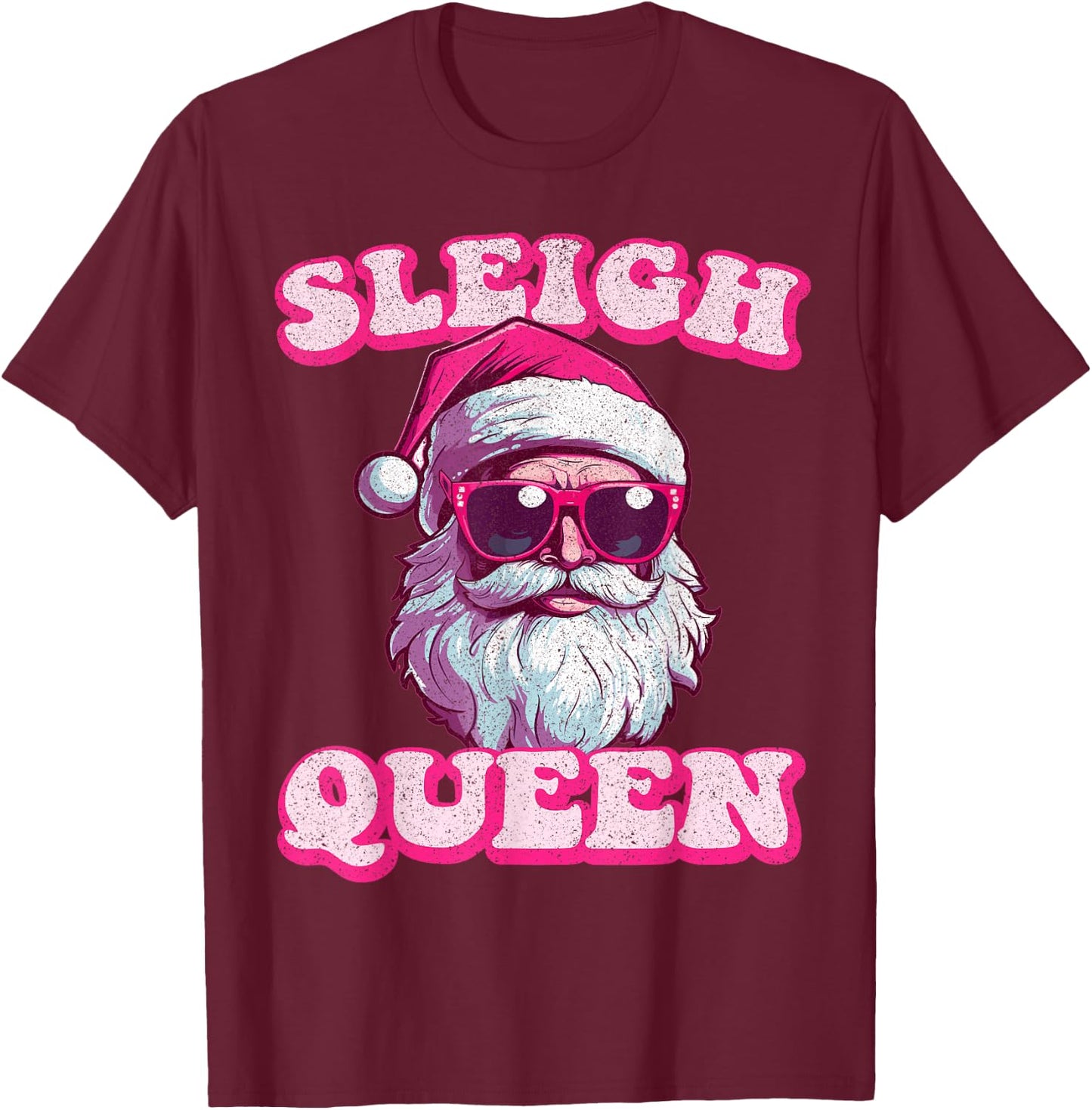 Groovy Retro Christmas Funny Pink Santa Sleigh Queen T-Shirt - T-Shirt | Maroon