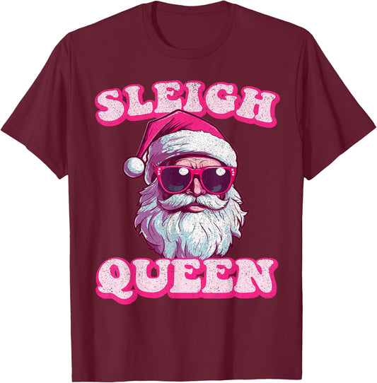 Groovy Retro Christmas Funny Pink Santa Sleigh Queen T-Shirt - T-Shirt | Maroon