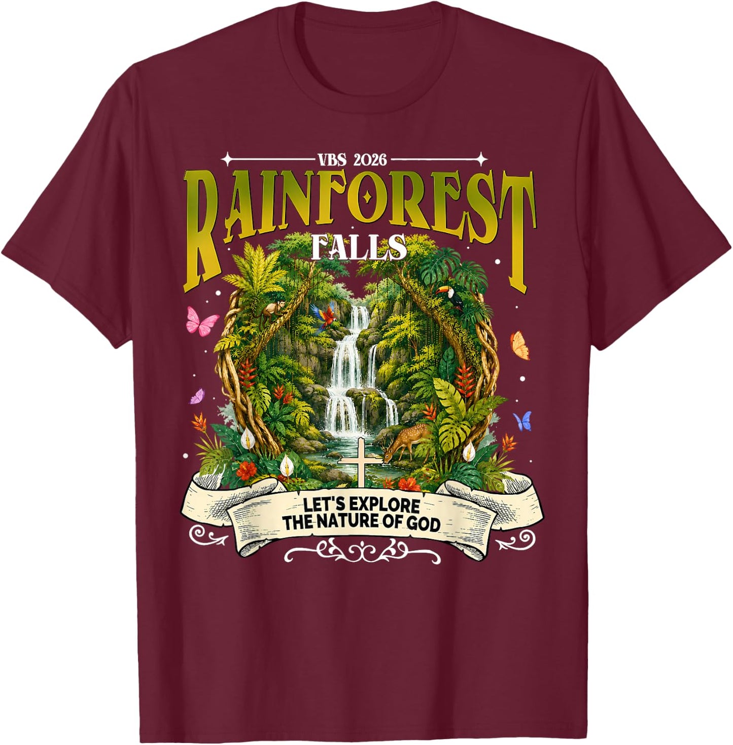 Rainforest Falls VBS 2026 Explore Nature of God Adventure T-Shirt - T-Shirt | Maroon