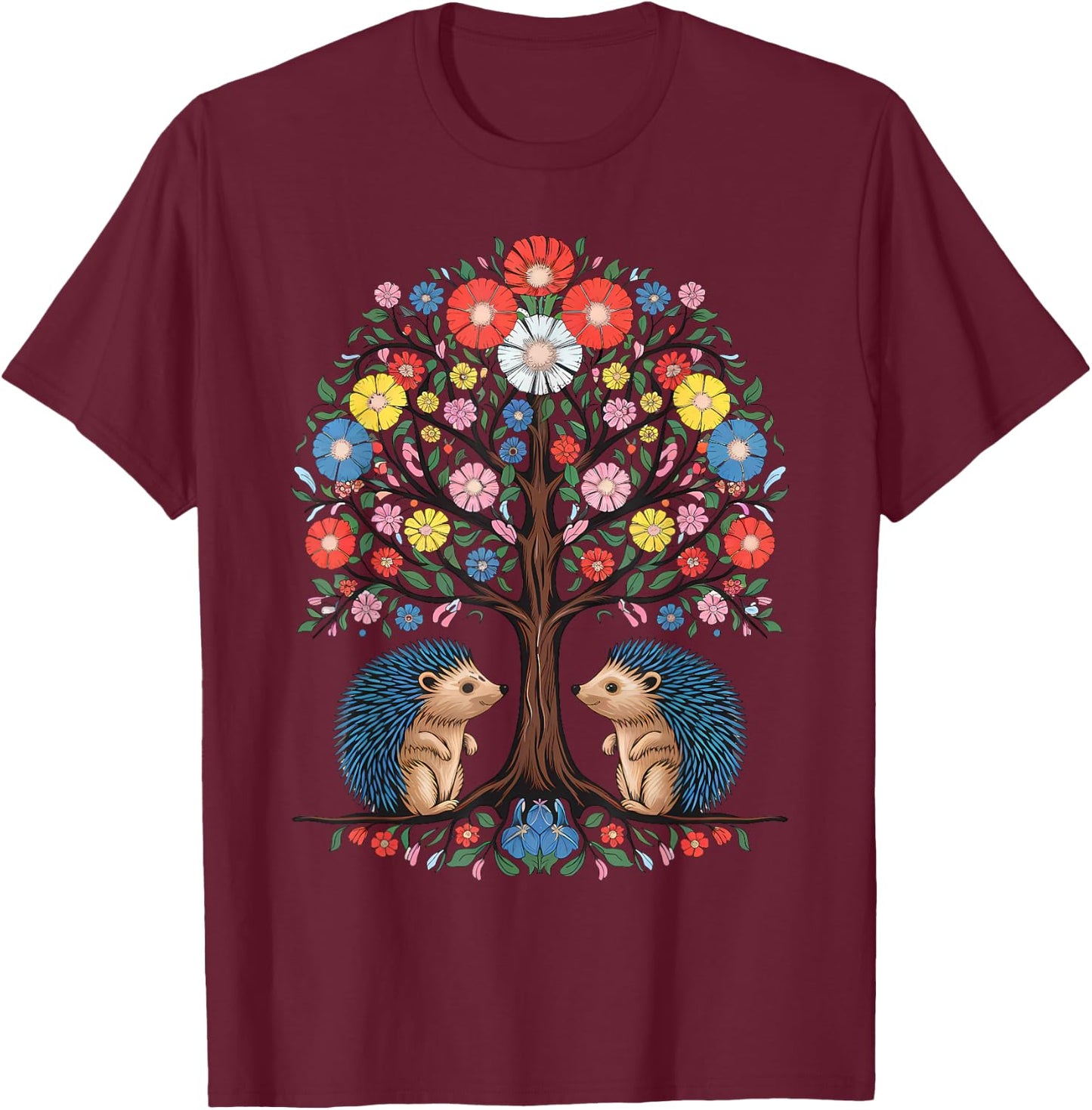 Hedgehog Scandinavian Folk Flowers Style T-Shirt - T-Shirt | Maroon
